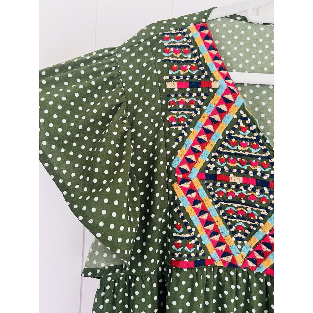 Andree By Unit Green Polka Dot Aztec Southwest Boho Flutter Sleeve Dress Plus 1X - Picture 3 of 8
